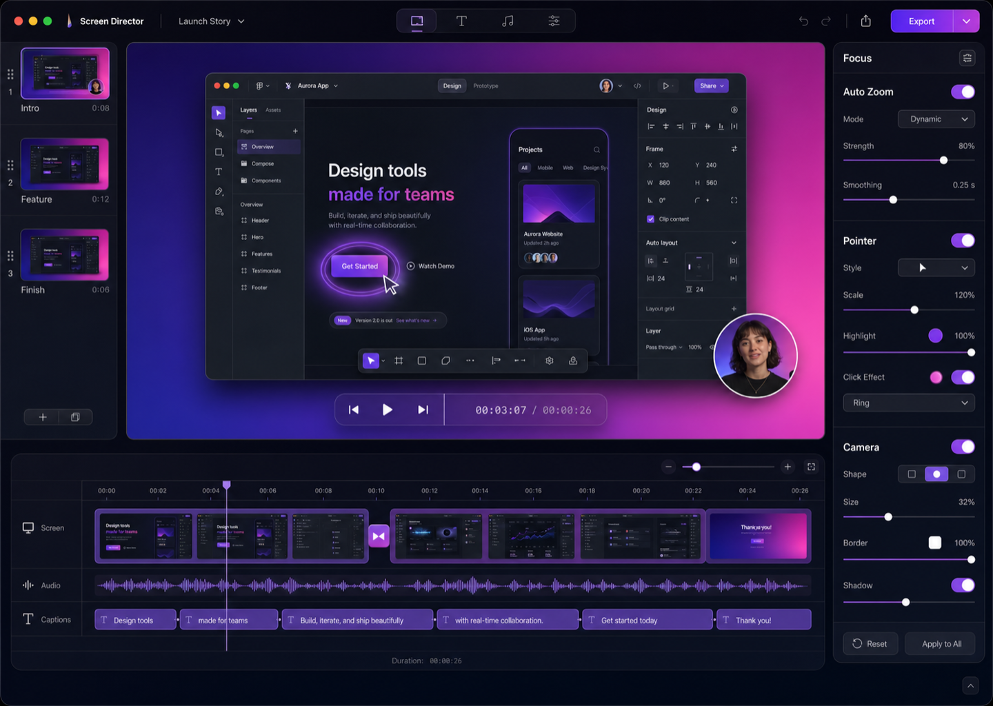 Screen Director’s canvas-first editor with a scene rail, composed video canvas, timeline, and Focus inspector